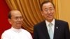 Burma's President Thein Sein (L) and United Nations Secretary General Ban Ki-moon shake hands before their meeting at the Presidential Palace in Naypyitaw, April 30, 2012. 