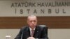 Turkey's President Recep Tayyip Erdogan talks to members of the media regarding the local elections, in Istanbul, Monday, April 8, 2019, prior to his departure for Russia. 