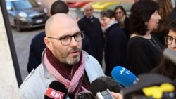 FILE - French victim of sexual abuse, Francois Devaux, also president of the French association of victims of priests abuse "La Parole Liberee" (Freed Speech), addresses the media outside the entrance of the Paul-VI residence at the Vatican, Feb. 20, 2019.