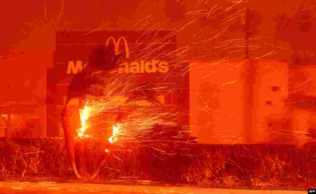 Um restaurante McDonald&rsquo;s em chamas durante o incêndio em Eaton, em Pasadena, Califórnia, a 7 de janeiro de 2025. Um feroz incêndio florestal num subúrbio de Los Angeles devorou ​​edifícios e provocou evacuações em pânico, enquanto ventos com força de furacão devastavam a região. Mais de 80 hectares estavam em chamas em Pacific Palisades, um local luxuoso com casas multimilionárias nas montanhas de Santa Monica. Do outro lado da cidade, no extremo norte de Los Angeles, outro incêndio deflagrou em Eaton Canyon, perto de Pasadena, consumindo rapidamente 200 acres (81 hectares) ao final da noite, de acordo com as autoridades da Floresta Nacional de Angeles.