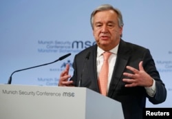 FILE - U.N. Secretary General Antonio Guterres speaks at the Munich Security Conference in Munich, Germany, Feb. 16, 2018.