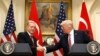 FILE - Turkey's President Recep Tayyip Erdogan, left, shakes hands with U.S President Donald Trump as they give statements to reporters in the Roosevelt Room of the White House in Washington, May 16, 2017.