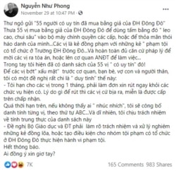 "Tối hậu thư" của nhà báo-nhà văn Nguyễn Như Phong gửi đến 55 người dùng bằng giả (ảnh chụp màn hình hôm 1/12/2020)