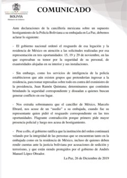 Bolivia emitió comunicado explicando razones de presencia policial en sede diplomática mexicana.