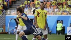 Yuya Osako, de la selección japonesa, festeja luego de anotar el gol de la victoria ante Colombia en el Mundial, el martes 19 de junio de 2108, en Saransk, Rusia