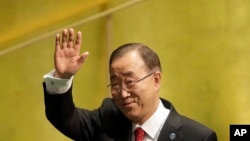 Secretario General de la ONU, Ban Ki-moon durante la ceremonia de despedida en la Asamblea General de la ONU. Nueva Yor, diciembre 12 de 2016.