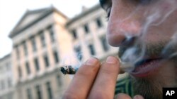 Un hombre fuma marihuana frente al Parlamento de Uruguay mientras los diputados debatían la legallización del cannabis.