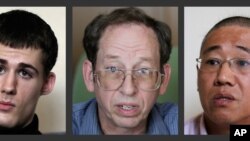 De izq. a der. Mathew Miller, Jeffrey Fowle y Kenneth Bae están prisioneros en Corea del Norte.