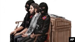 In this courtroom sketch, Salah Abdeslam, center, sits between two police officers during his trial at the Brussels Justice Palace in Brussels, Belgium, Feb. 5, 2018.