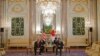 U.S. President Donald Trump, left, meets with Japanese Prime Minister Shinzo Abe at Akasaka Palace, Japanese state guest house in Tokyo, Monday, May 27, 2019.
