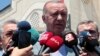 Turkish President Recep Tayyip Erdogan speaks to the media after Friday prayers, in Istanbul, June 7, 2019. Erdogan says his country is determined to protect Turkish Cypriots' rights to gas deposits in the eastern Mediterranean.