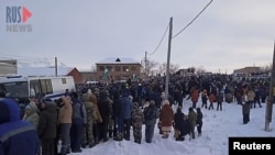 People rally in support of activist Fail Alsynov near a court building in Baymak, Russia, in this still image from video published Jan. 17, 2024. (RusNews via Reuters)