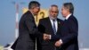 U.S. Secretary of State Antony Blinken, right, is welcomed by U.S. Ambassador to Israel Jack Lew, left, and Israeli Ministry of Foreign Affairs Deputy Director General for North America Lior Hayat in Tel Aviv, Israel, Oct. 22, 2024.