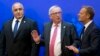 (L-R) Bulgarian Prime Minister Boyko Borissov, European Commission President Jean-Claude Juncker and European Council President Donald Tusk take their places prior to a media conference at the conclusion of an EU and Western Balkan heads of state summit at the National Palace of Culture in Sofia, Bulgaria, May 17, 2018. 