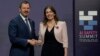 FILE - Britain's Secretary of State for Science, Innovation and Technology Michelle Donelan, right, shakes hands with Australia's Minister for Industry and Science Ed Husic, as he arrives at the AI Saftey Summit in Bletchley Park, Milton Keynes, England, Wednesday, Nov. 1, 2023. 