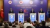 From left, Turkey's Justice Minister Abdulhamit Gul, Turkey's Foreign Minister Mevlut Cavusoglu, Turkey's Treasury and Finance Minister Berat Albayrak and Turkey's Interior Minister Suleyman Soylu speak to the press after their meeting in Ankara, Turkey, Dec. 11, 2018.