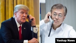 문재인(오른쪽) 한국 대통령이 10일 밤 서울 홍은동 자택에서 도널드 트럼프 미국 대통령과 통화하고 있다.(청와대 제공) 왼쪽은 트럼프 미국 대통령이 지난 1월 29일 사우디아라비아 국왕과 통화하는 모습. 