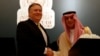 U.S. Secretary of State Mike Pompeo shakes hands with his Saudi counterpart Adel al-Jubeir during a news conference, in Riyadh, Saudi Arabia, Apr. 29, 2018. 