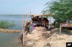 Family members take refuge on a high place after heavy monsoon rains flooded their home near Sohbat Pur, an area of Pakistan's southwestern Balochistan province, on Aug. 19, 2024.