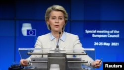 President of the European Commission Ursula von der Leyen speaks during a news conference at the EU summit at the European Council building in Brussels on May 24, 2021. 