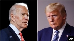 ARCHIVO - En esta combinación de fotografías de archivo, el exvicepresidente Joe Biden habla en Wilmington, Delaware, el 12 de marzo de 2020, izquierda, y el presidente Donald Trump habla en la Casa Blanca en Washington el 5 de abril de 2020.