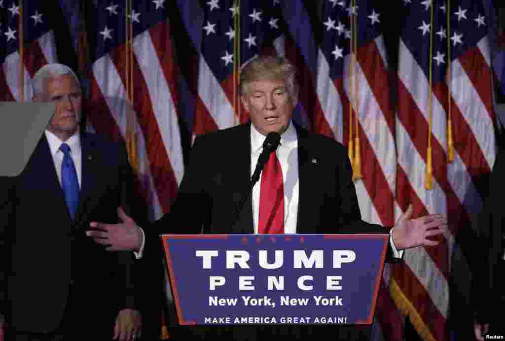 Presidente-eleito, Donald Trump, falando a apoiantes em Manhattan.