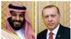 FILE – This combination photo shows Saudi Crown Prince Mohammed bin Salman, left, and Turkey's President Recep Tayyip Erdogan prior to their meeting in Jiddah, Saudi Arabia, July, 23, 2017.