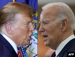 (ARCHIVO) Esta combinación de imágenes de archivo creadas el 6 de marzo de 2024 muestra al candidato presidencial republicano y expresidente estadounidense Donald Trump en Concord, New Hampshire, el 19 de enero de 2024; y al presidente estadounidense Joe Biden en Culver City.