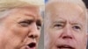 This combination of file photos shows President Donald Trump, left, speaking to the media in Washington on March 3, 2020 and Democratic presidential hopeful and former Vice President Joe Biden at a Nevada Caucus watch party on Feb. 22, 2020.