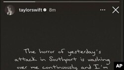 La captura de pantalla muestra la respuesta de Instagram de Taylor Swift al apuñalamiento en Southport, el 30 de julio de 2024. 