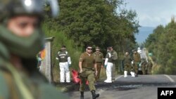 ARCHIVO - Miembros de la policía chilena captados en el lugar donde tres policías fueron asesinados al ser emboscados en una zona mapuche en Cañete, región del Biobío, Chile, el 27 de abril de 2024. 